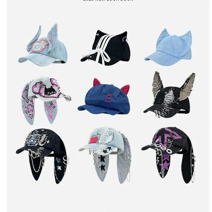 韩国newjeans同款兔耳朵水洗破洞牛仔棒球帽女嘻哈辣妹街拍鸭舌帽 (27)